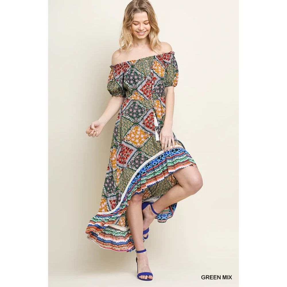 Umgee USA Dress Women S Pleated Off the Shoulder Peacock Moment Multicolor NWT